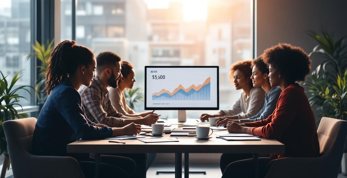 Diverse professionals analyze reports and graphs on a computer at a modern office table.
