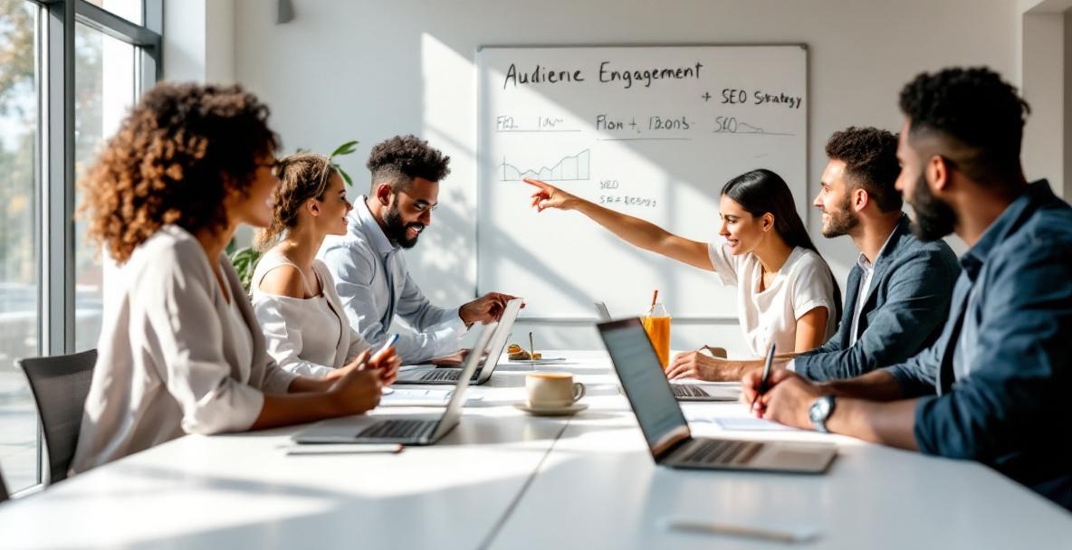 Diverse professionals discussing analytics at a conference table with laptops and a whiteboard.