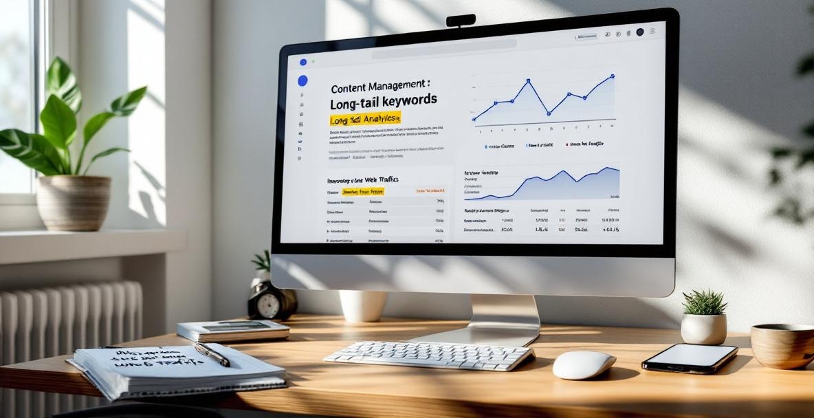 Modern workspace with CMS interface showing keyword analytics on screen.