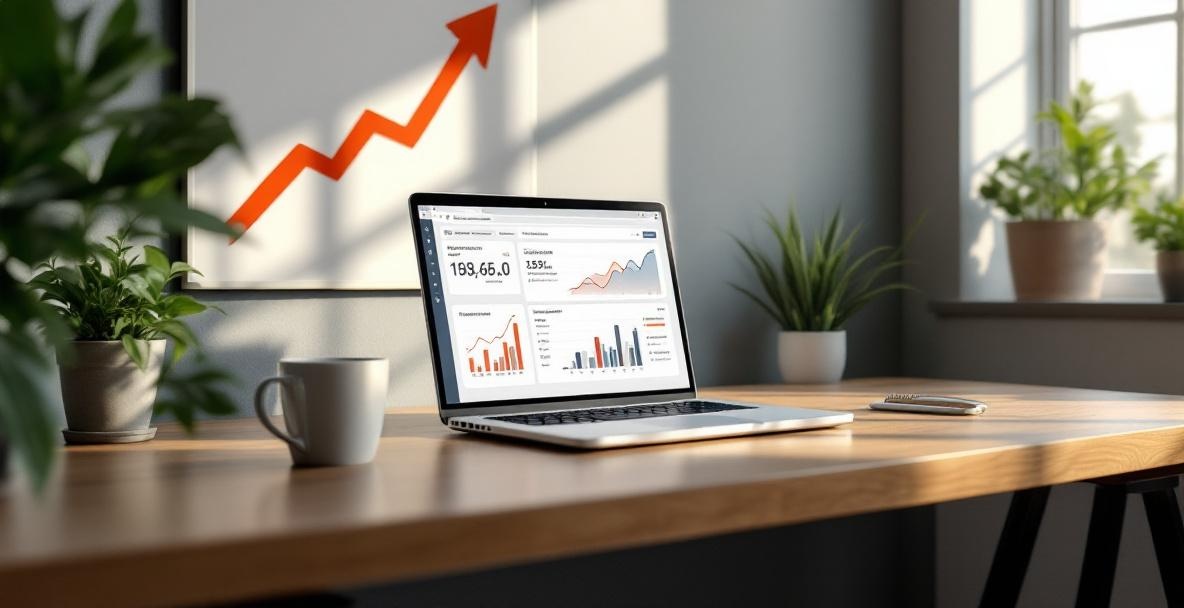 Modern workspace with a laptop displaying an analytics dashboard and a coffee cup on a minimalist desk.