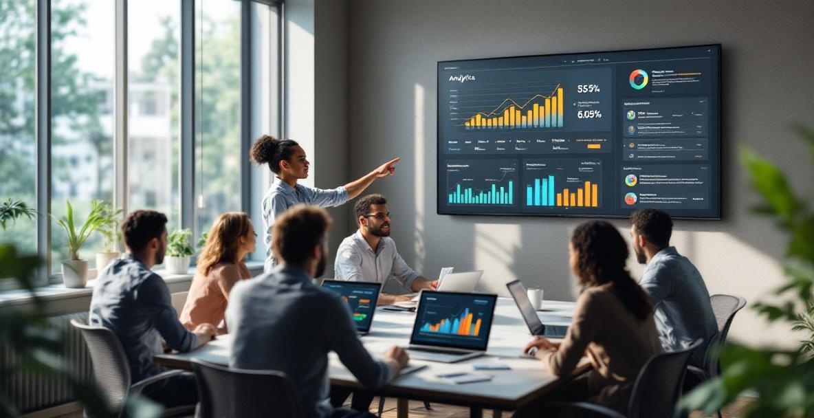 Diverse team in a modern office analyzing analytics dashboards and metrics.