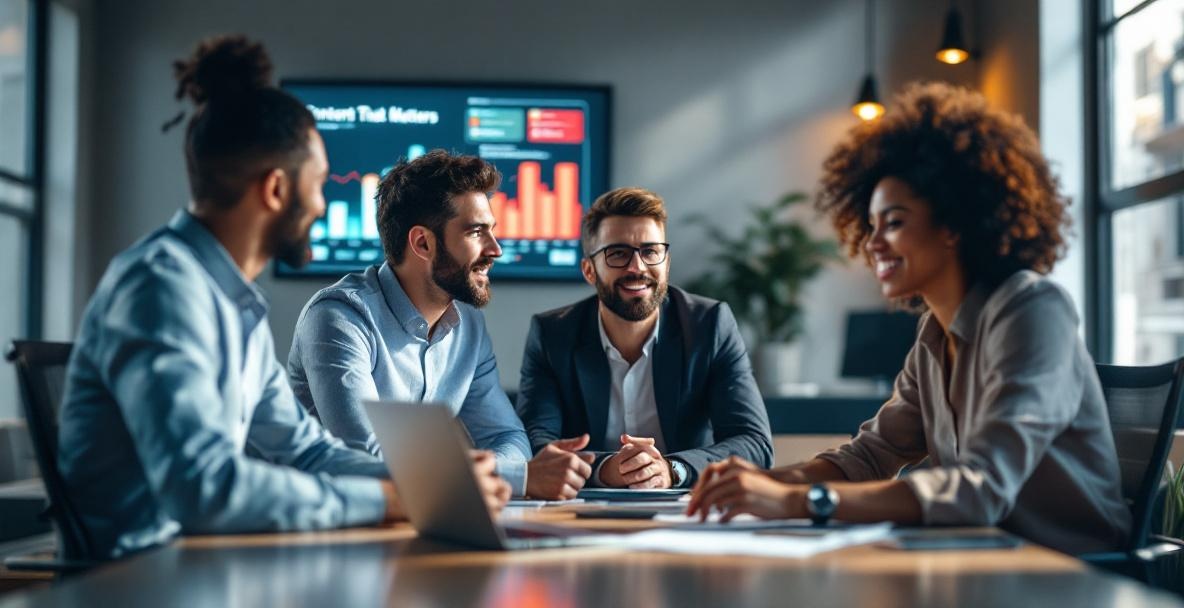 Diverse professionals discuss SEO trends at a conference table with a screen showing engagement metrics.