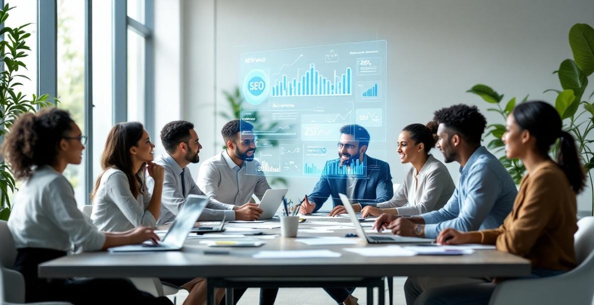Diverse business team discussing SEO strategies in a modern, bright office.