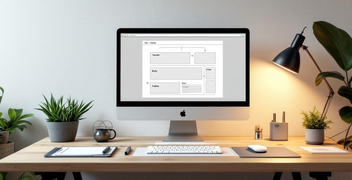 Modern office workspace with computer showing webpage layout and soft desk lighting.