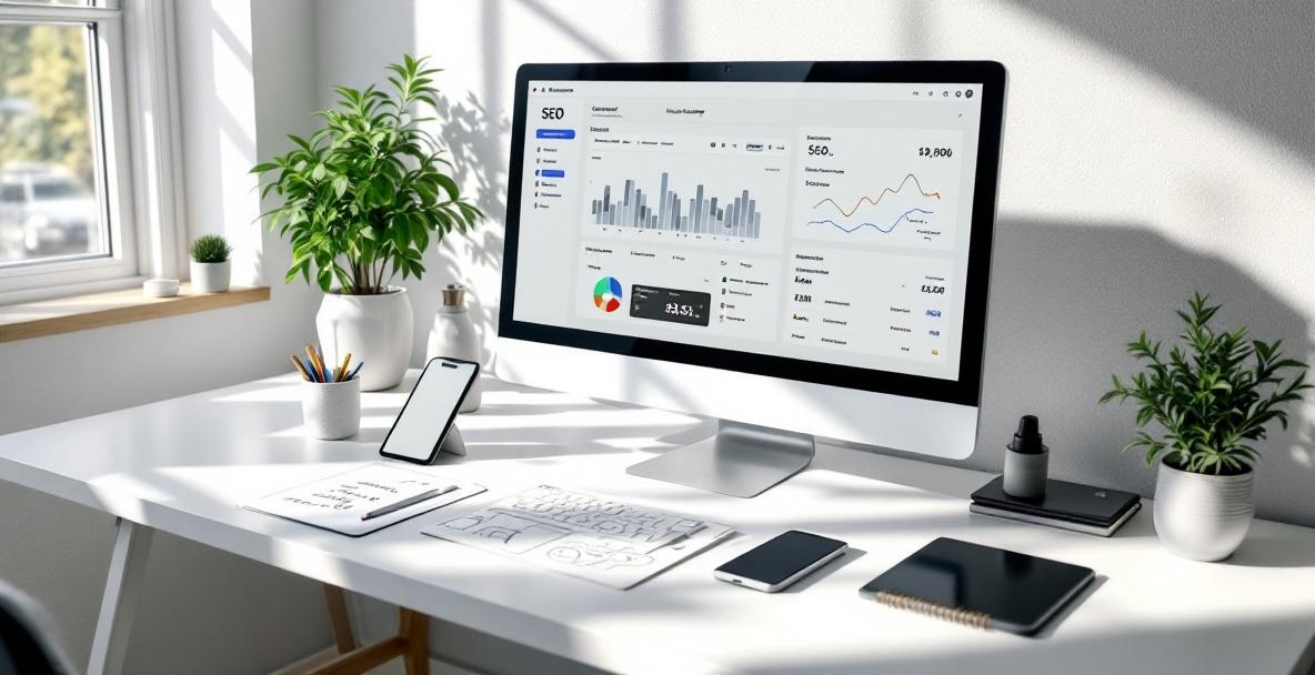 A modern workspace with SEO analytics on a computer and devices, focused on content creation.