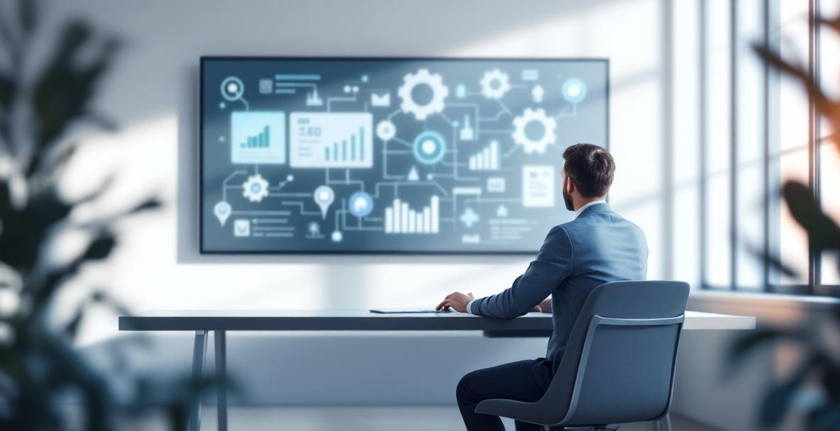 Business person in office selecting SEO tools on a computer with SEO metrics displayed.