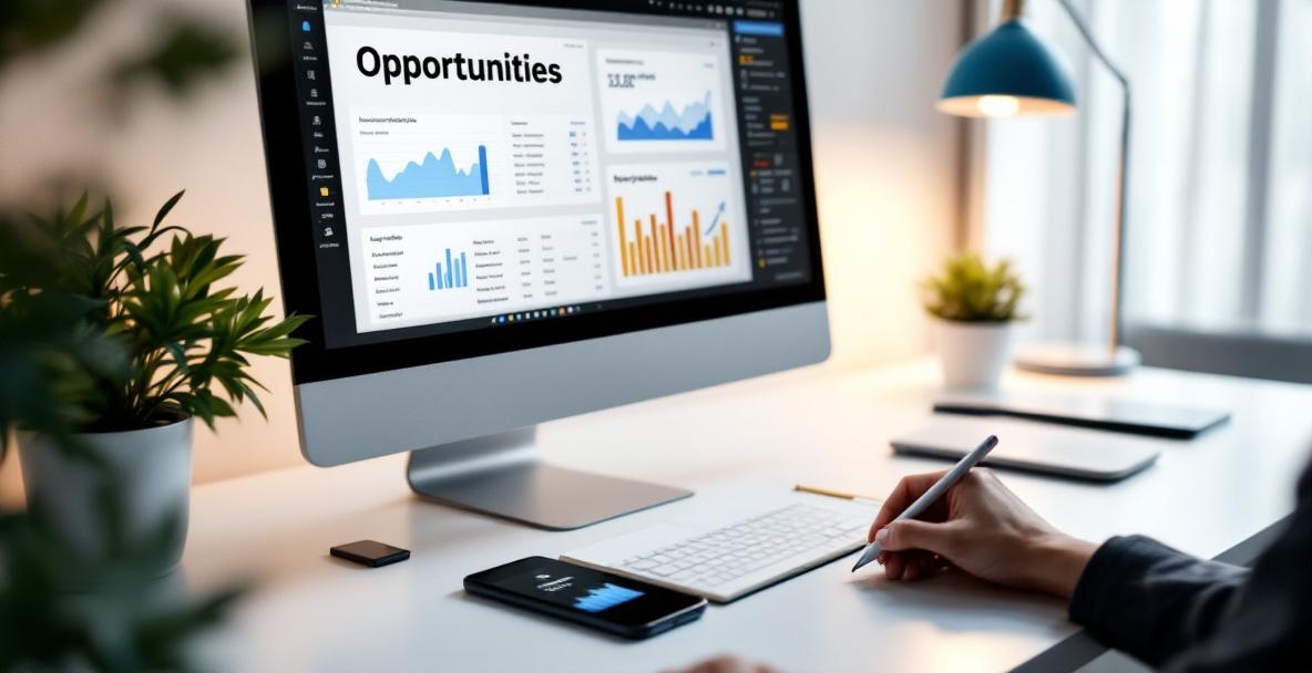 Modern workspace with analytics software highlighting 'Opportunities' and notes on keyword trends.