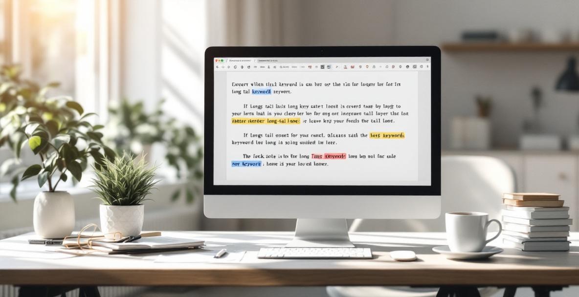 Office setup with a computer screen highlighting long-tail keywords in a document.