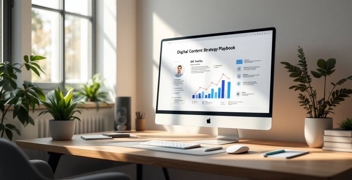 Minimalist workspace with computer displaying content strategy playbook for SEO.