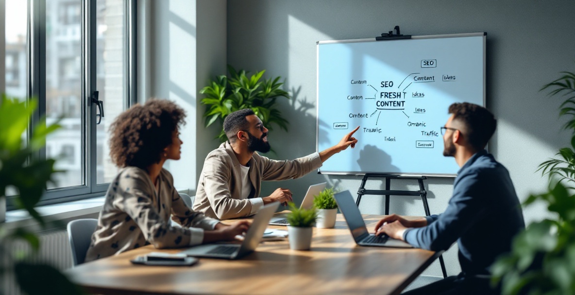 Diverse team collaborating on content ideas in a modern office with a digital whiteboard.