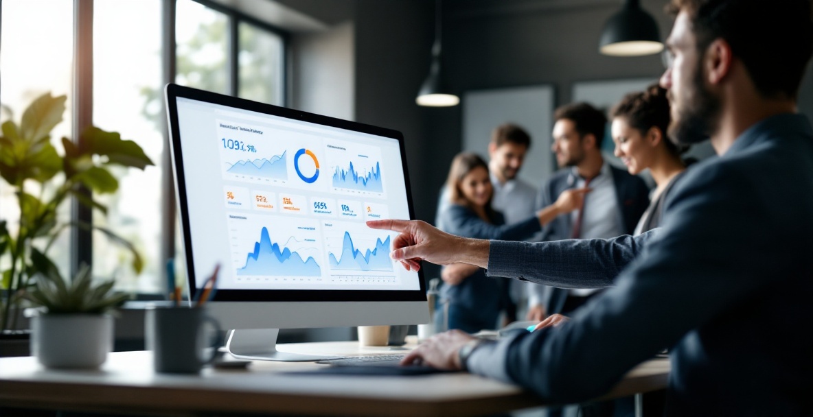 Analytics dashboard on screen with diverse professionals discussing in a modern office.