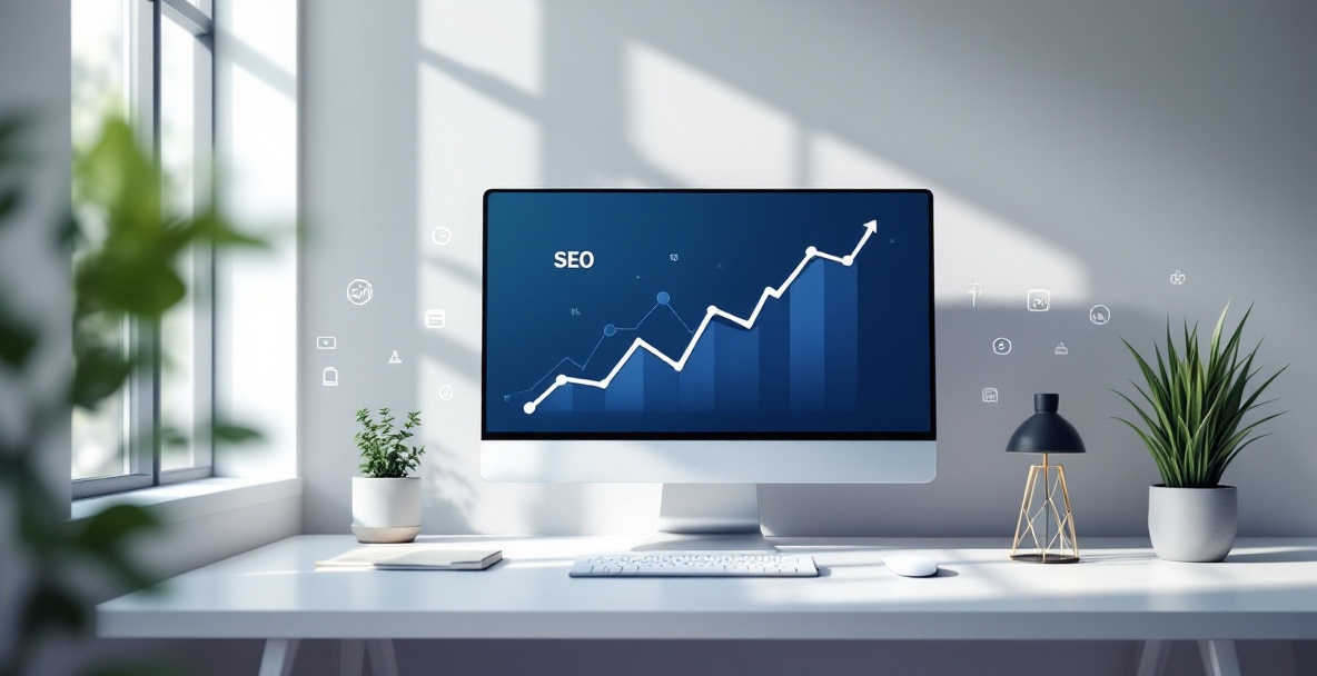 Minimalistic office with a monitor showing an upward trend graph for improved search rankings.