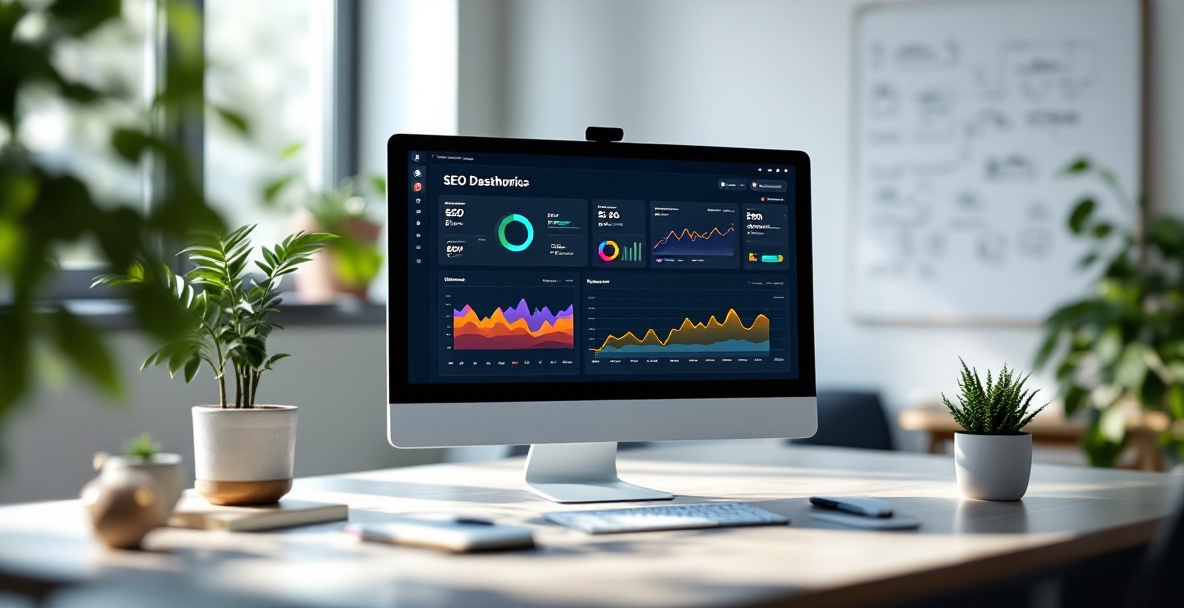 Minimalistic office with a computer displaying SEO metrics and a tidy desk with a plant.