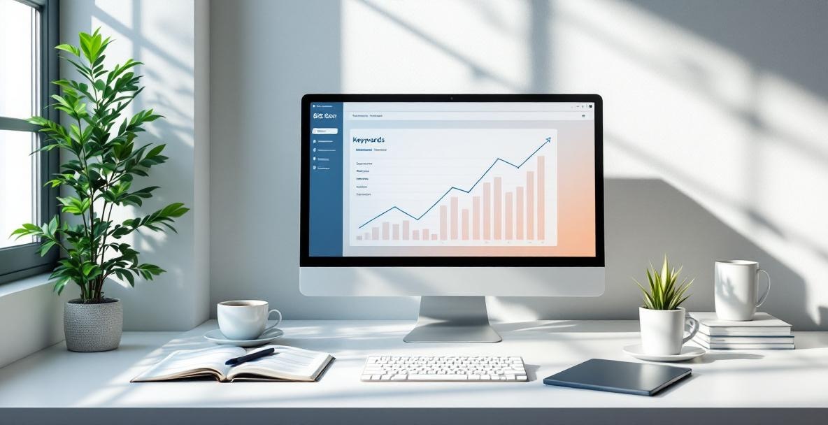 Minimalistic workspace showing a computer with keyword analysis graph, notebook, and coffee on desk.