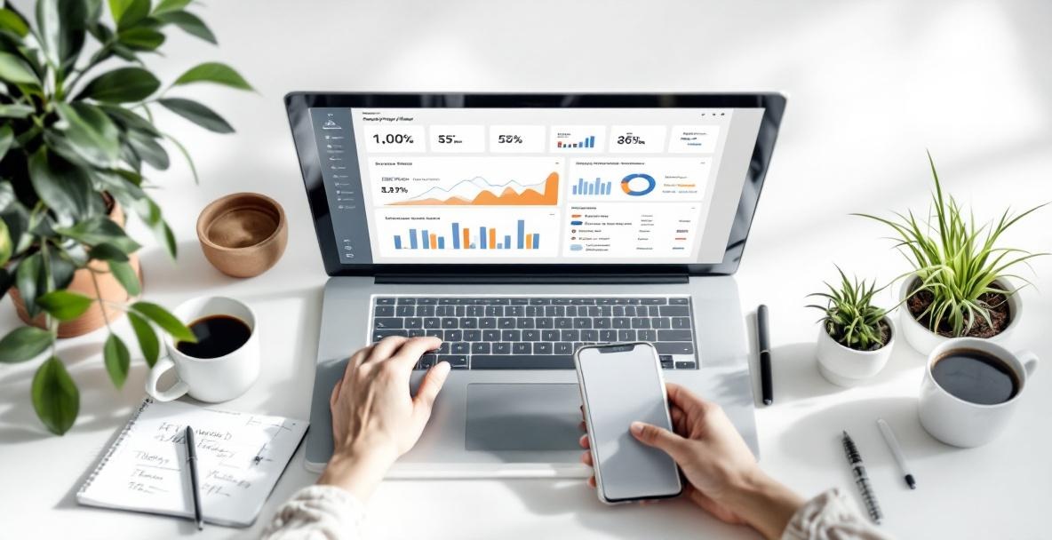 Modern workspace with laptop showing keyword analysis dashboard, surrounded by smartphone and notepad.