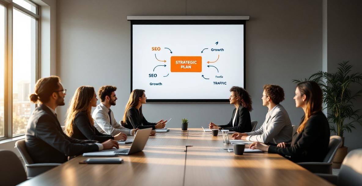 Diverse business professionals in a strategic meeting with a projected digital plan.