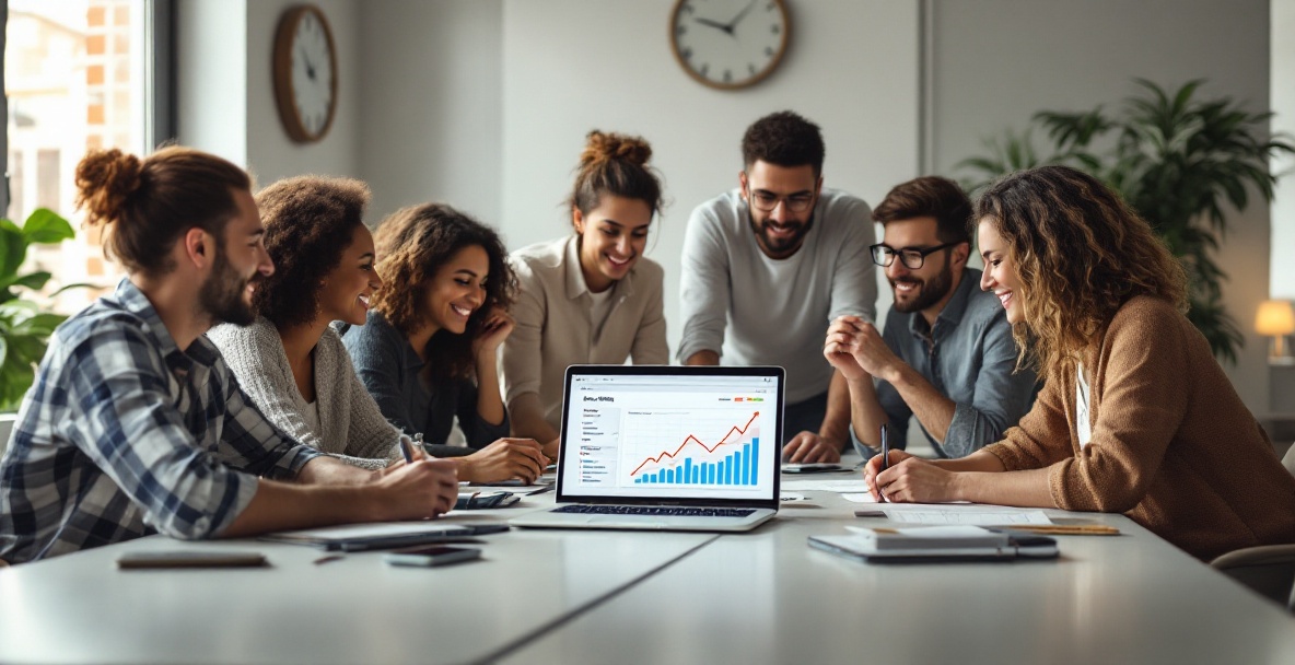 Diverse professionals analyze website analytics in a modern office setting.