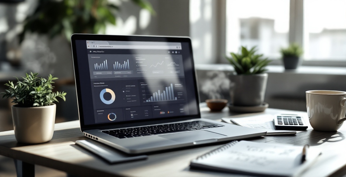 A workspace focused on cost analysis with a laptop displaying analytics, notepad, calculator, and coffee in an office setting.