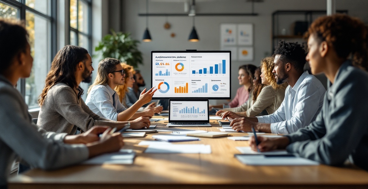 Diverse professionals brainstorm around a table with a laptop displaying audience insights.