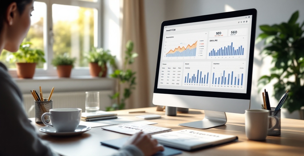 A content creator's modern workspace featuring an analytics dashboard on a computer screen.