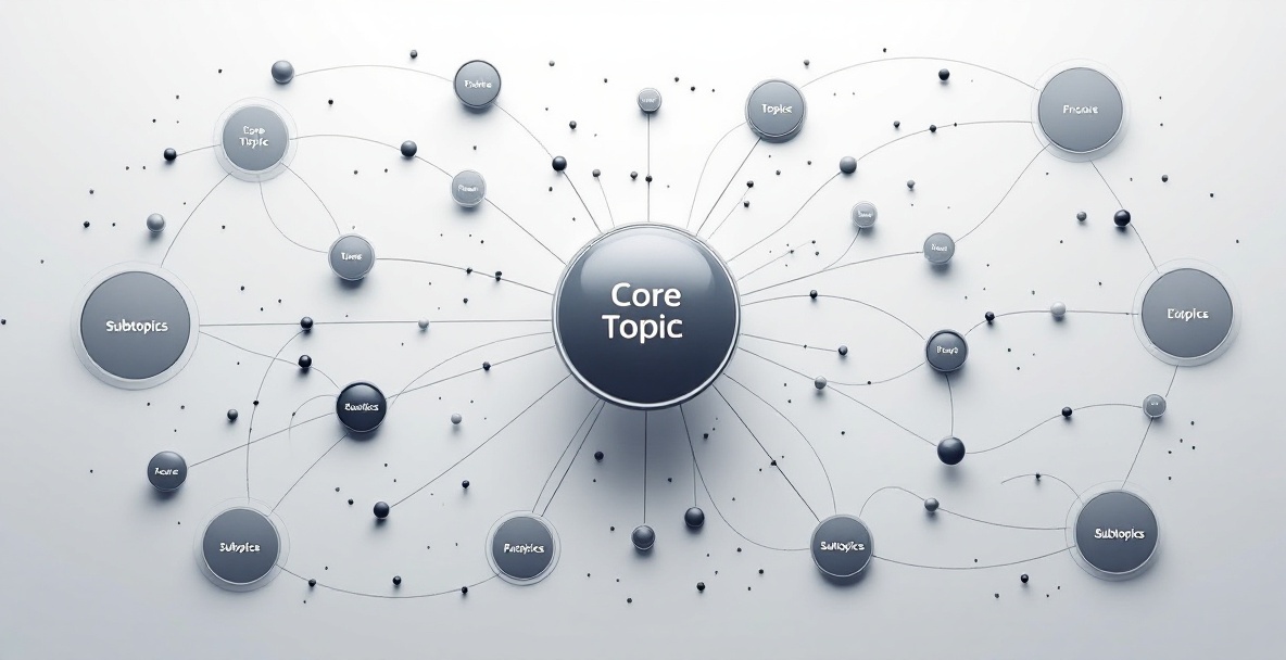 Topic Cluster Model illustration with core topic hub and interconnected subtopics.