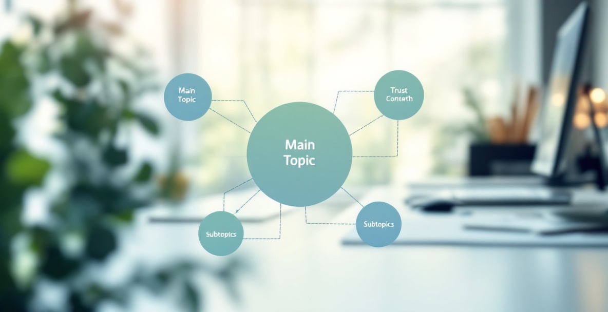 Diagram of a topic cluster model in SEO with a central main topic and connected subtopics.