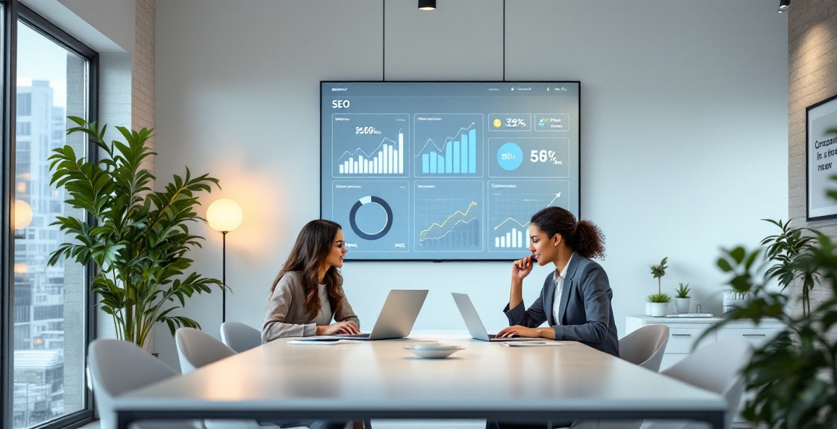Office with a diverse team and a digital dashboard showing SEO metrics in a modern setting.