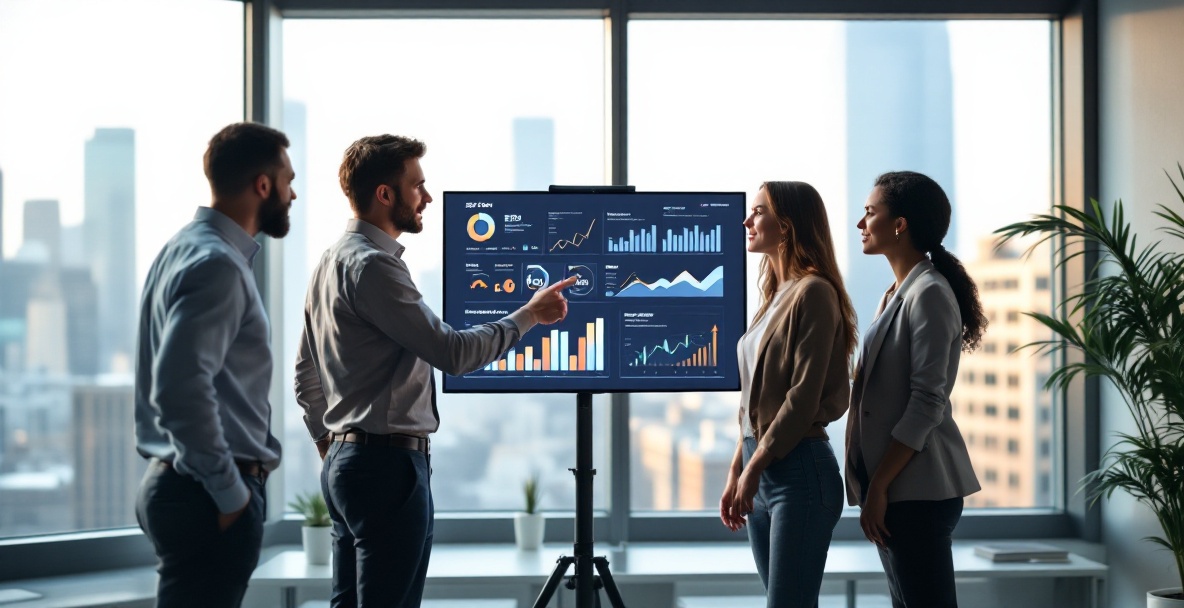 Professionals analyzing SEO metrics on a digital screen in a modern office.