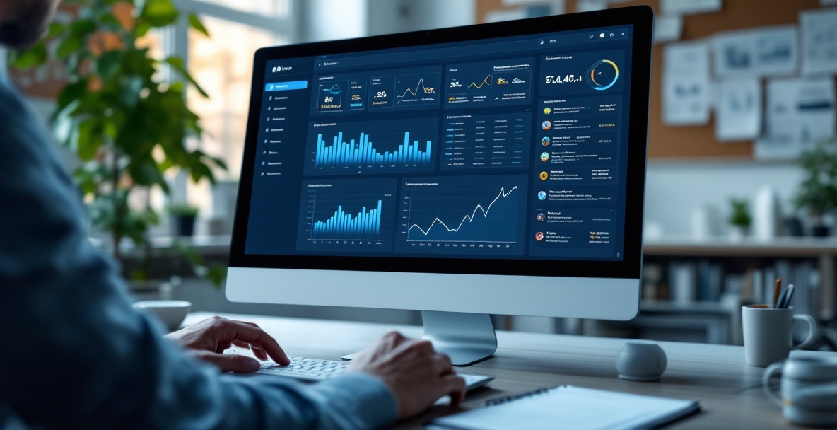 Strategist analyzes SEO dashboard with graphs and keyword lists in a professional workspace.