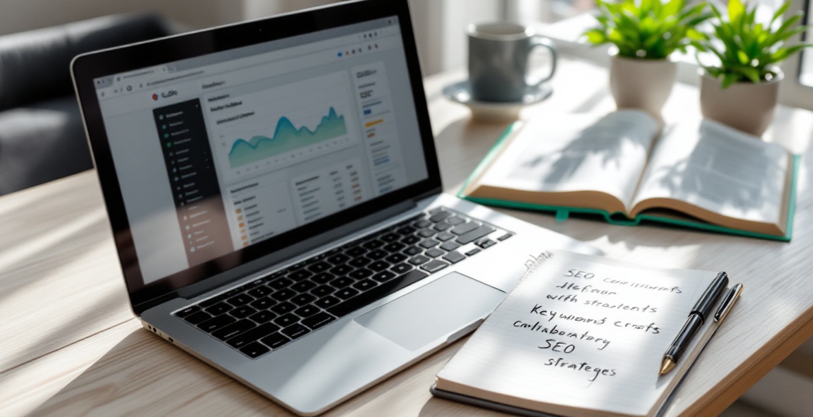 A desk with a laptop showing analytics, notepad with keywords, and SEO book nearby.