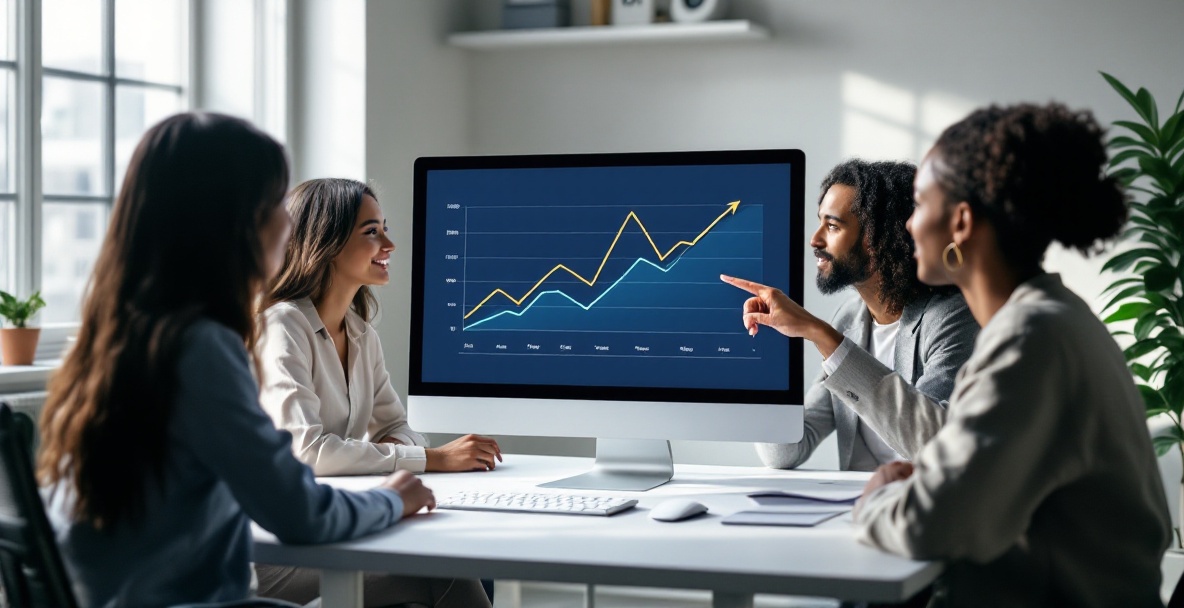 Professionals discuss an upward-trending line graph on a computer screen in a minimalistic business setting.