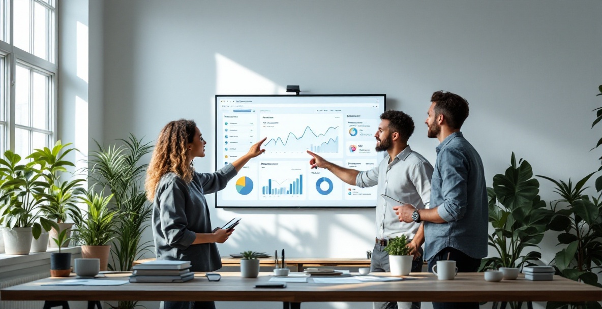 Diverse team analyzes digital dashboard in a minimalist office with natural light and potted plants.