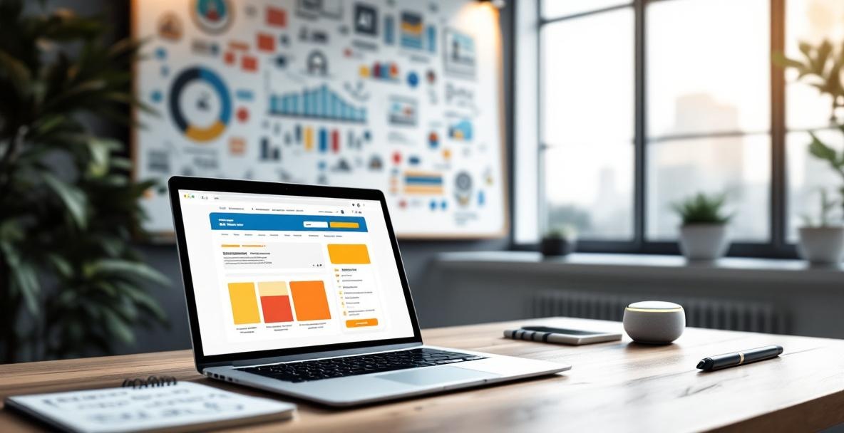 Modern office with laptop showing a colorful website, flowcharts, and AI diagrams in a bright setting.