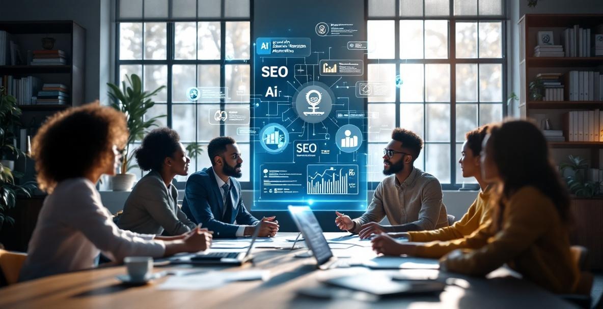 Diverse team discusses AI ethics in content creation with a holographic display.