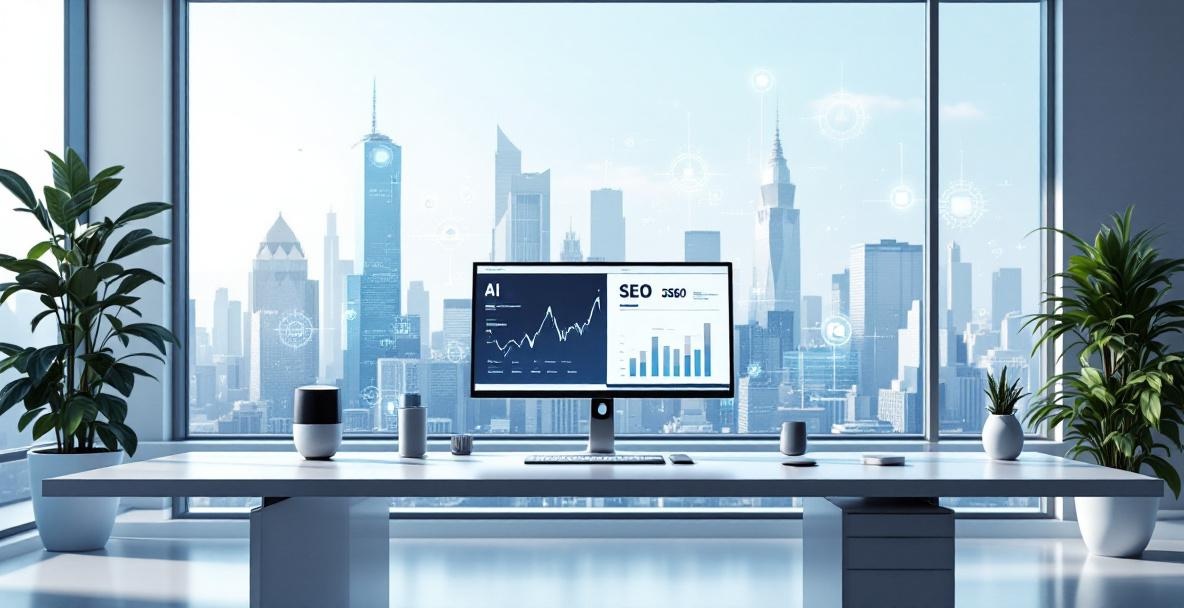 Futuristic office with AI and SEO focus, featuring a modern desk and cityscape.