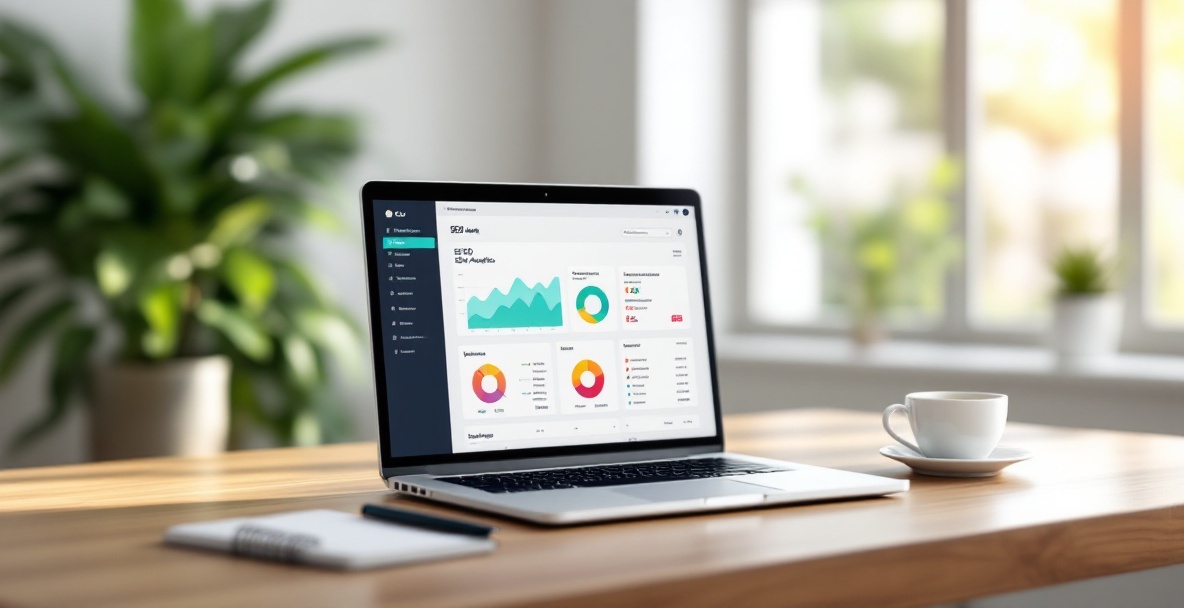Minimalistic workspace with laptop displaying SEO analytics on a wooden desk.