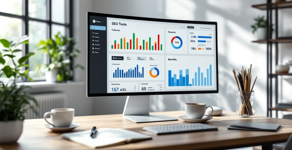 Office workspace with a monitor displaying SEO tool comparison dashboard.