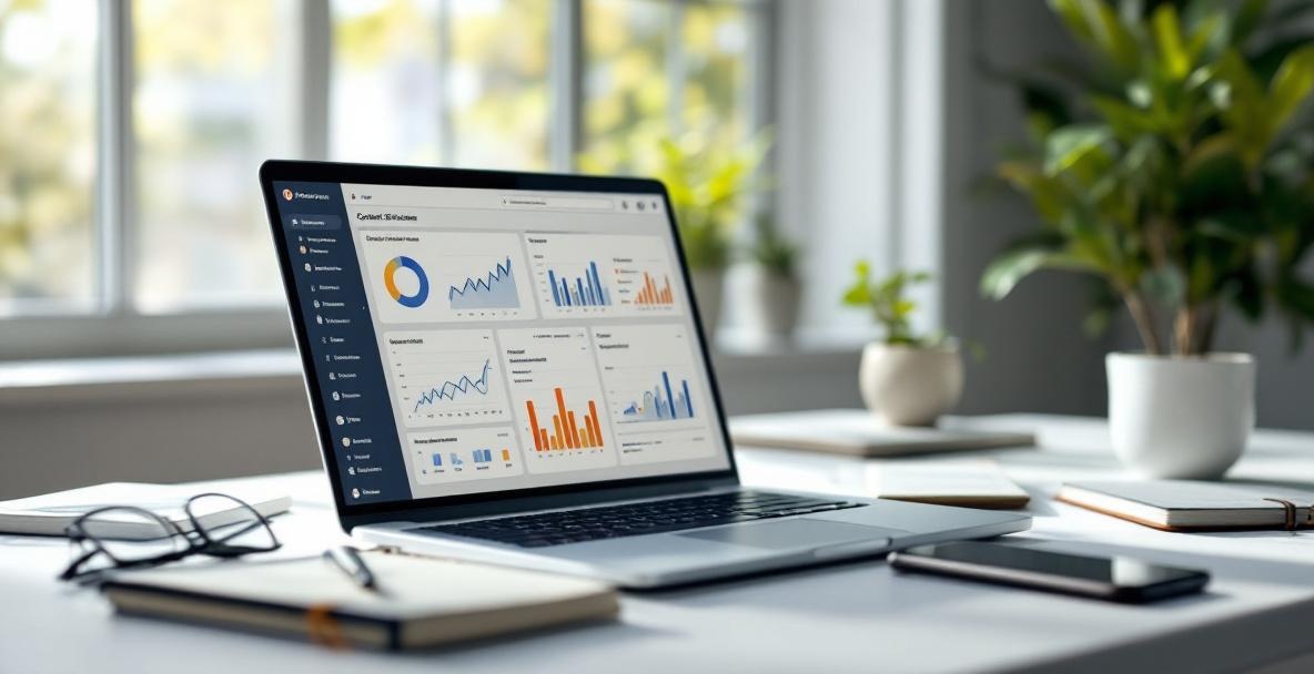 Digital workspace with a laptop showing content metrics, surrounded by office essentials in a minimalist setting.