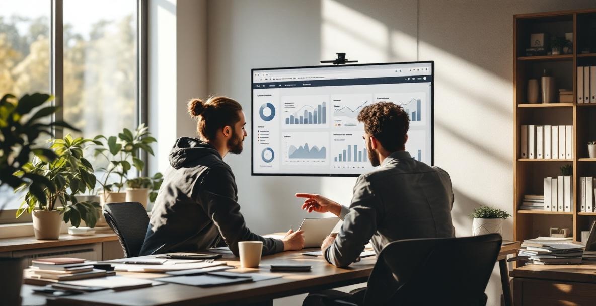 Two professionals collaborating over a computer with charts in a modern office.