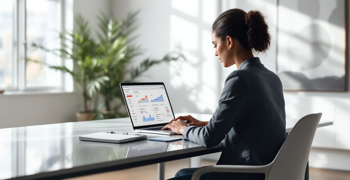 Professional analyzing Google Search Console on laptop in modern office.