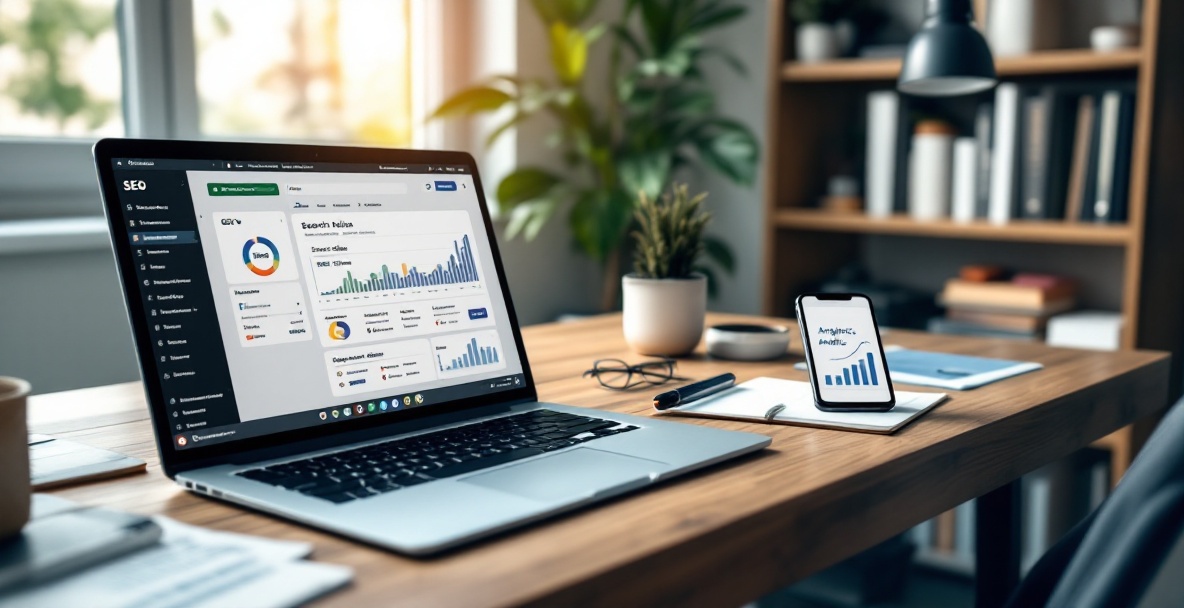 Workspace with keyword research tools on laptop, notepad, and smartphone displaying analytics.