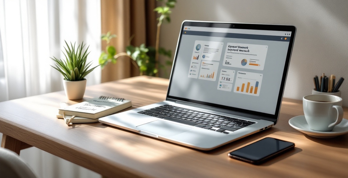 Digital workspace with laptop showing keyword research tools, notepad, and smartphone on a wooden desk.