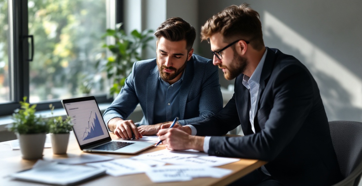 Businessman and creative professional discuss SEO, laptop shows graph, keywords scattered on the table.