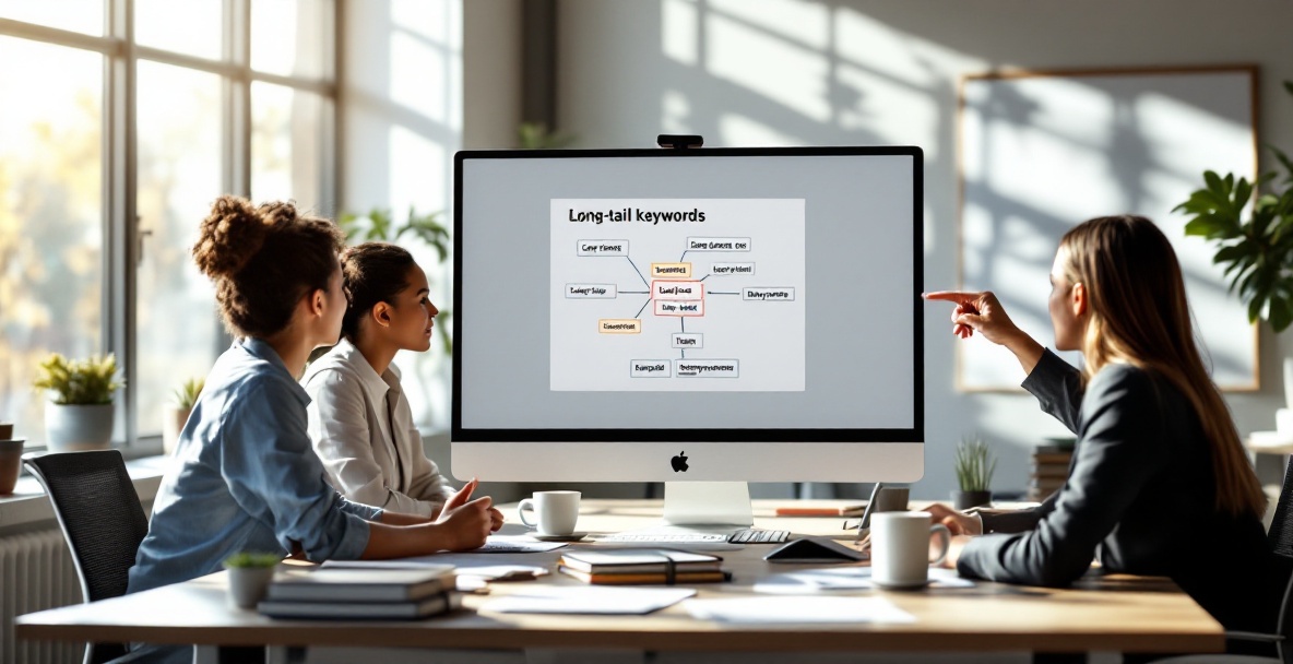 Office scene with professionals discussing long-tail keywords by a computer and whiteboard.