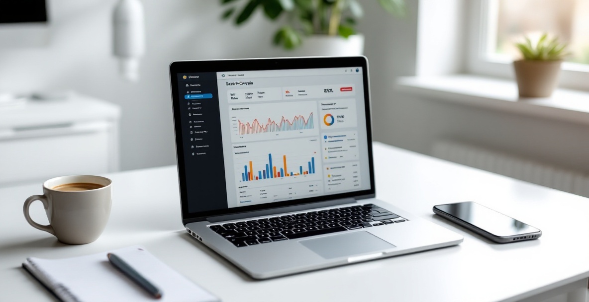 Modern laptop displaying Google Search Console on a clean desk.