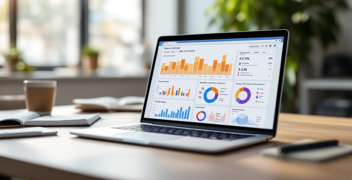 Open laptop on desk showing Google Search Console dashboard with charts and metrics.