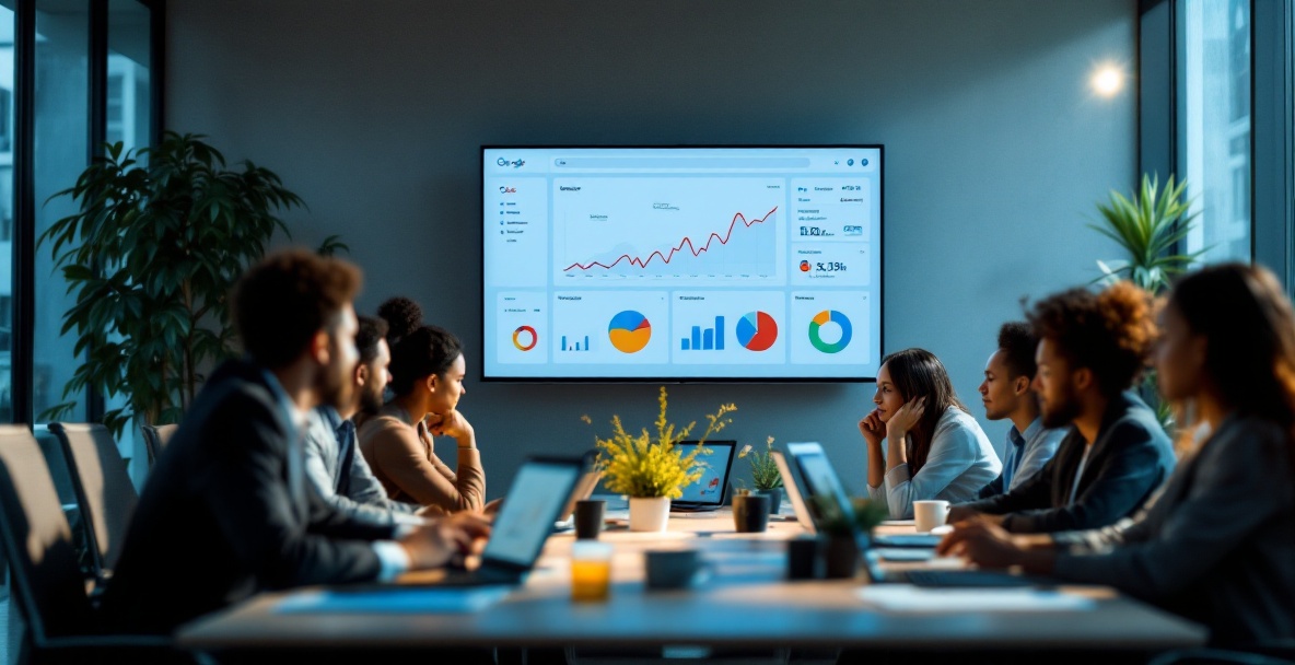 Diverse professionals analyzing Google Search Console data on laptops and tablets in a modern office.