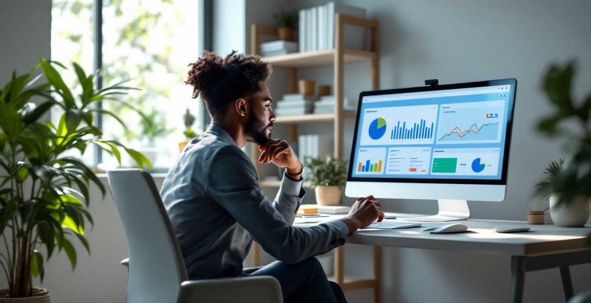 Business professional analyzes data on a monitor in a minimalist office.