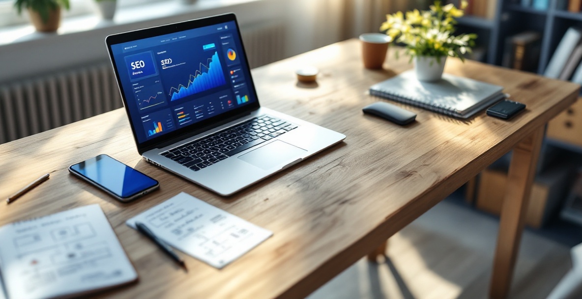 Top view of a modern office desk with a laptop showing SEO analytics, a smartphone, and planning notes.