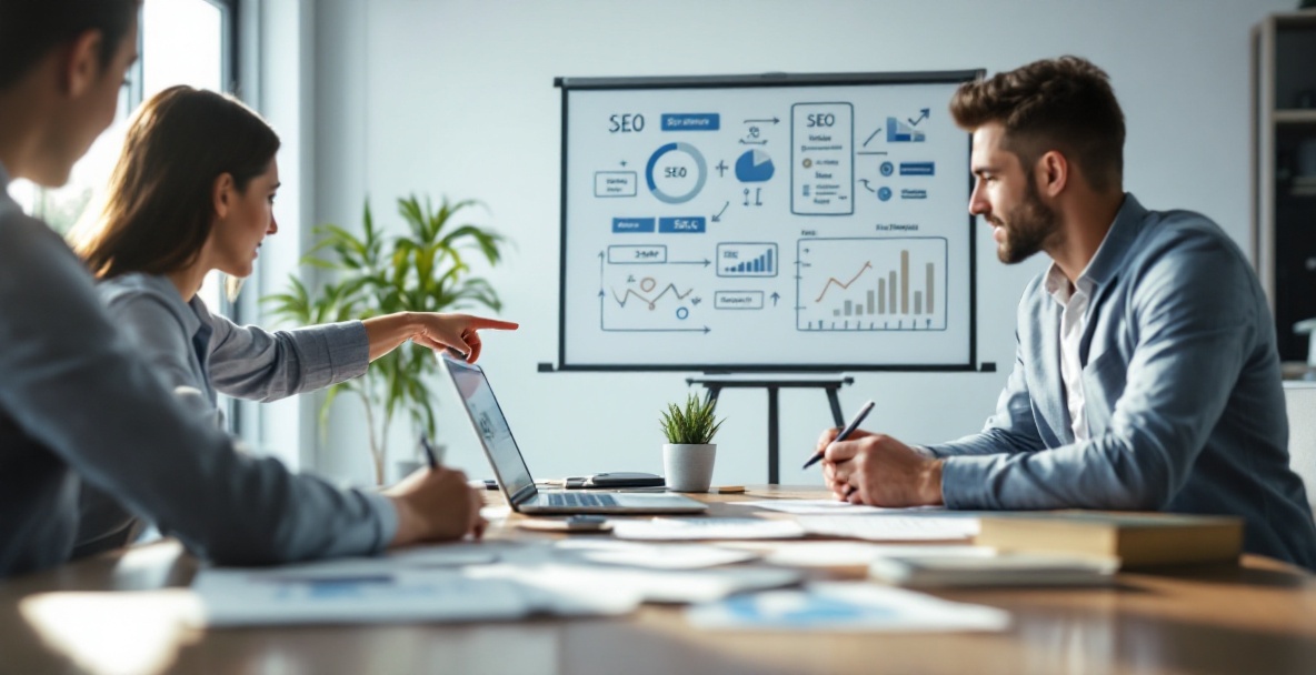 Two professionals collaborate on SEO strategies using a laptop and whiteboard in a modern office.